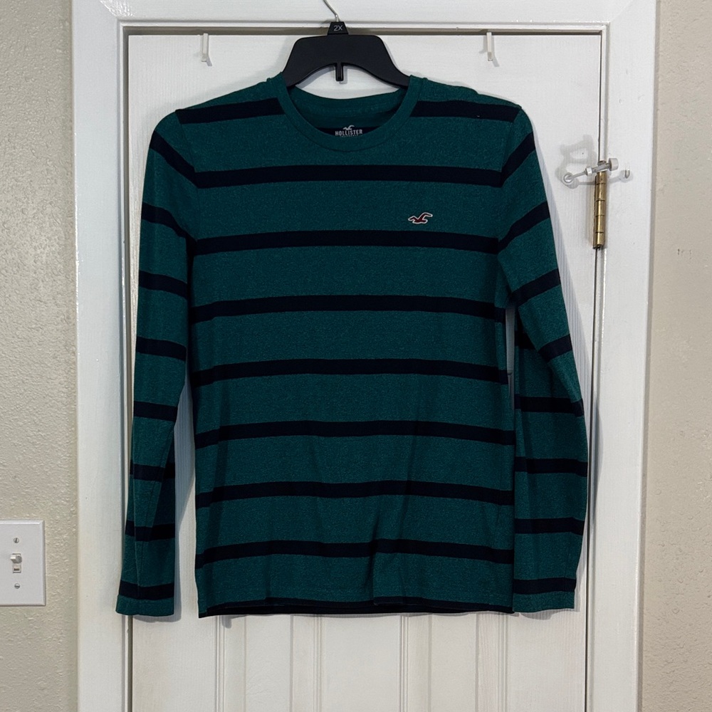 Hollister Green and Navy Striped Long Sleeve Tee